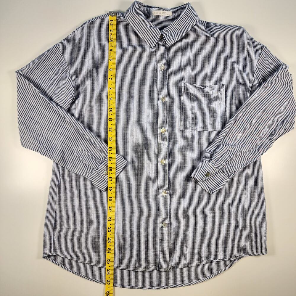 BeCool Blue White Stripe Button Up Shirt Linen Blend S/M Casual Top - Picture 3 of 10